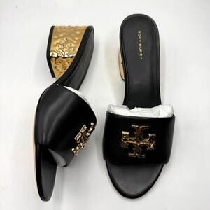 NEW NWT Tory Burch Everly Block Heel Sandals Black and Gold Size US 10